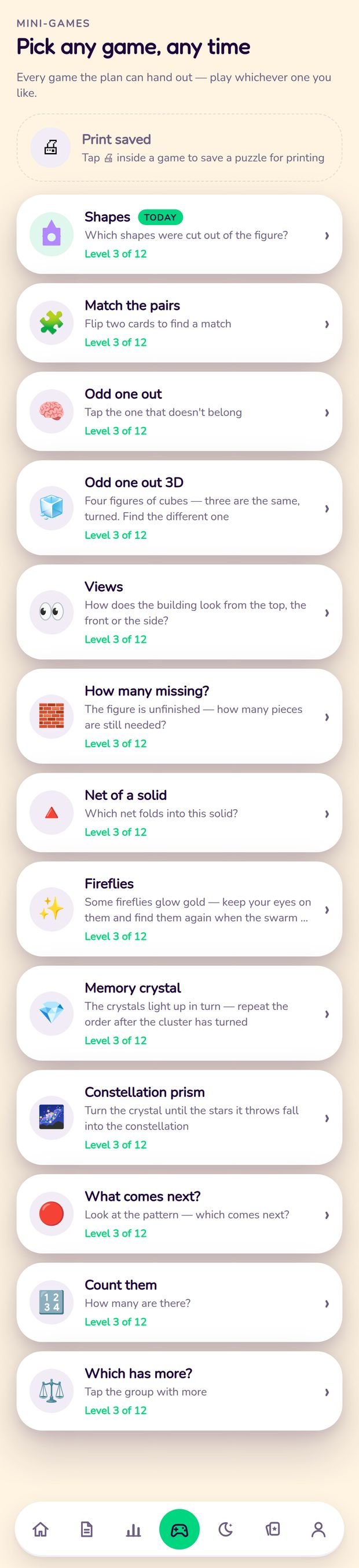 The games list with levels