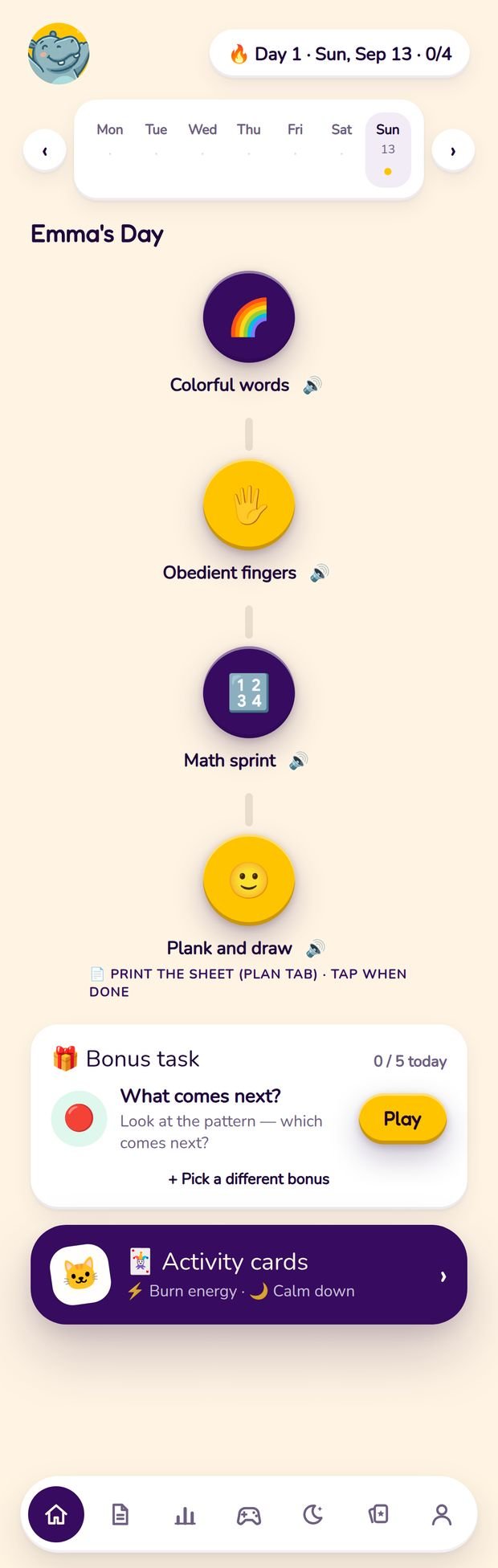 Today's plan in the app: two brain tasks and two movement tasks